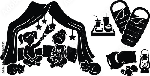 Cozy camping tent scene with children teddy bear and cats illustration at night