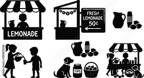 Lemonade stands with children and supplies inspired by street fair scenes