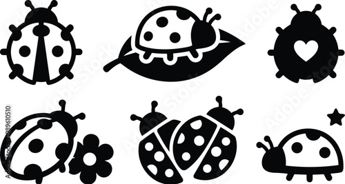 Cute ladybug icons set with leaf flower and star shapes in bold silhouettes