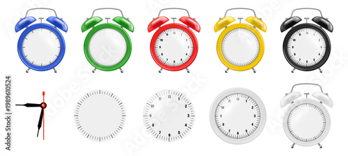 Vintage alarm clock collection in realistic style. Vector mechanical devices with detailed dials, hands and separate elements. Time measurement precision and structure. Schedule, deadline and reminder