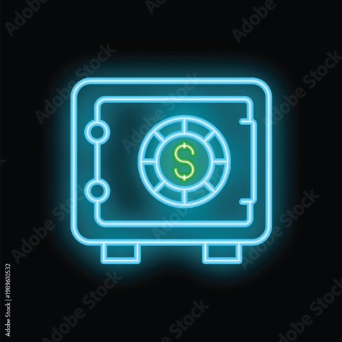 Bright neon safe glowing on a black background representing security of finances and valuables