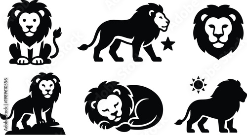 Lion silhouettes vector set with six poses for logo design and decoration