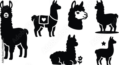 Line art llamas silhouettes collection for crafting and design monochrome animals decor