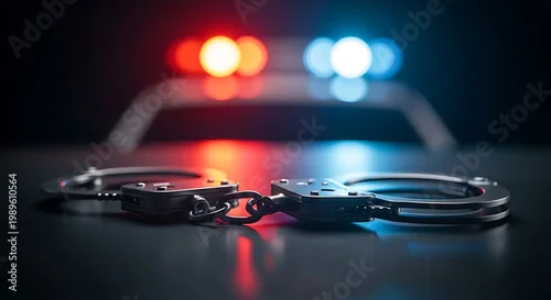 Obraz  z motywem Handcuffs on a dark surface with blurry red and blue police car lights in background handcuffs authority enforcement security