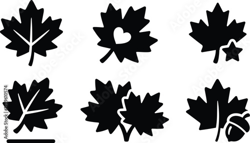 Leaf vector set with maple shapes heart accents and acorn