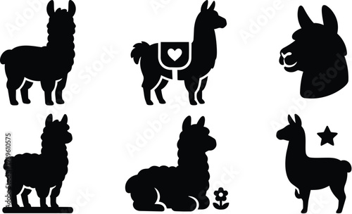 Six llama silhouettes in vector line art with saddled and decorative marks