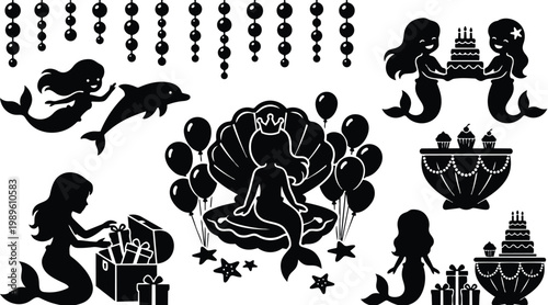 Mermaid birthday celebration silhouettes with cakes balloons gifts and ocean decor centerpiece