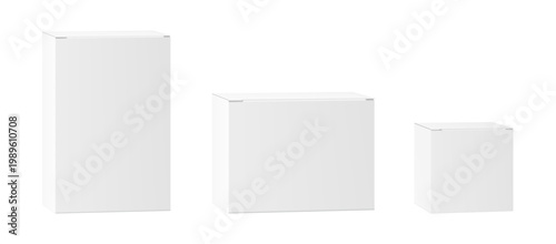 Closed cardboard box mockups set, front view. Vector isolated realistic rectangular and square parcels with no logos, packaging template for delivery and distribution company. Courier express moving