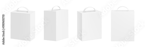 Mockups of closed paperboard handle boxes. Vector isolated realistic gable cartons set. Different view point of takeaway containers with folded top and integrated carrying holder. Marketing layouts