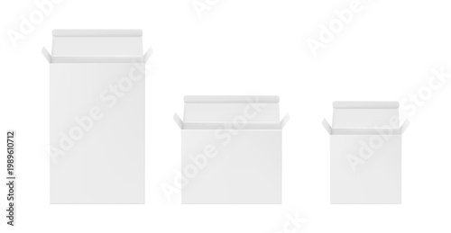 Delivery cargo boxes templates, open cardboard parcels. Vector isolated realistic set of packaging for distribution and freight export. Postal goods and mail services container mockups