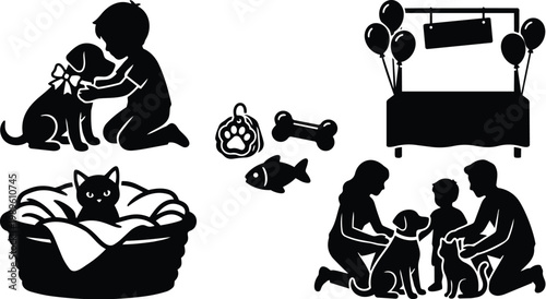 Vector art silhouettes of children with dogs and cat in basket pet bed and balloons