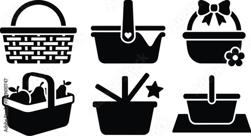 Vector line art basket icons set with picnic baskets and lunch containers