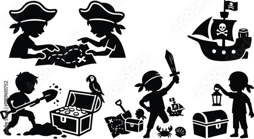 Vector art silhouettes of children pirates treasure map ship and treasure chest scene