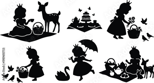 Silhouettes of princesses and animals at fairy tale tea party and picnic