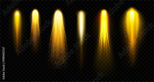 Rocket fire flame set. Vector set of exhaust plumes with realistic ignition effect and particle emission. Dynamic exhaust energy burst, heat flow and motion trail. Propulsion concept, launch effect