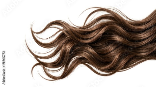 A wavy, brown hair strand flowing dynamically against a white background, showcasing long, straight, and healthy hair with a natural, flowing texture.