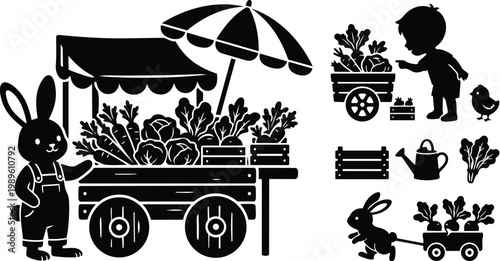 Bunny farmer silhouette at market with vegetable cart and wagon under parasol