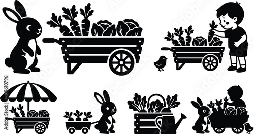 Rabbits and children tending carrot garden scenes