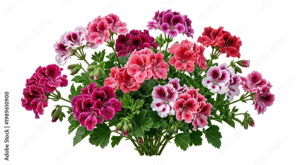 Fototapeta premium A vibrant bouquet of geranium flowers in shades of pink, red, and purple, arranged in a cluster with green leaves.