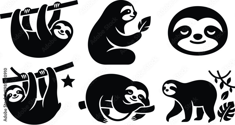 Fototapeta premium Vector silhouettes of sloths hanging and lounging with leaves in a playful set