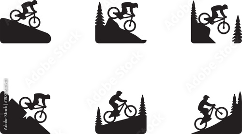 Mountain biking icon set, flat black vector design