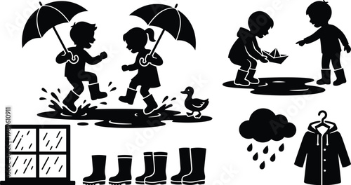 Children in rain with umbrellas and boots puddles window and coat silhouette