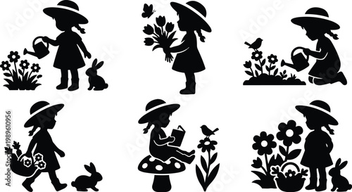 Garden silhouette of children watering flowers with rabbit and hat in playful scene