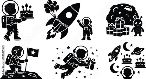 Space themed birthday celebration vector set with astronauts rocket cake balloons and gifts