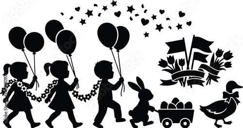Easter parade silhouettes with children balloons bunny and eggs in line art