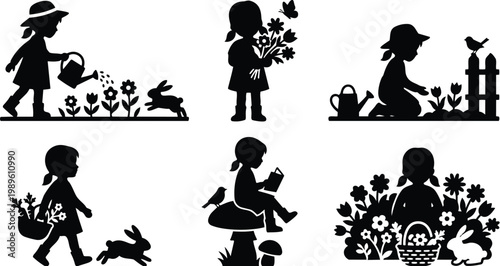Silhouette garden scenes with children planting flowers and watering bunny in black vector art set