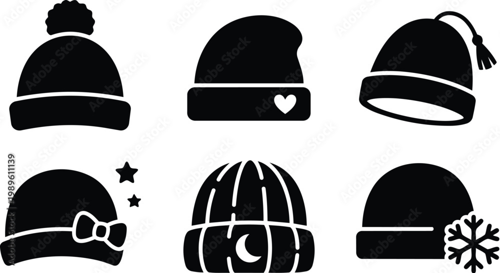 Fototapeta premium Six black and white winter hats vector icons in flat design
