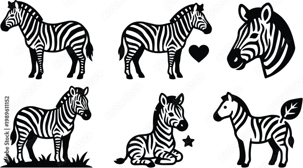 Obraz premium Zebra silhouettes collection in vector line art style with playful poses for logos