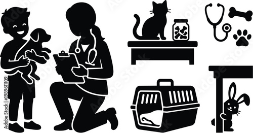 Veterinary clinic scene vector art showing vet with dog cat on table and pet accessories