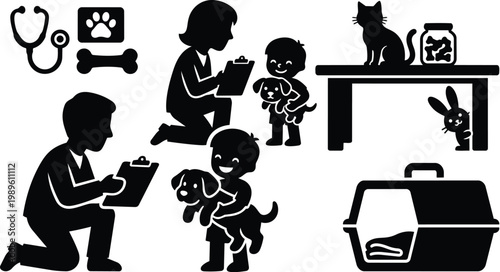 Veterinary clinic scene with pets and doctor