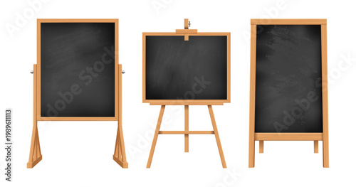 School blackboards set with chalk residue. Vector isolated boards on wooden stands. Classroom equipment for teaching, training or presentations. Educational themes and business instruction visuals