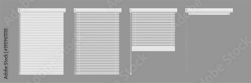 Minimalist blind window mockup in different open positions. Vector realistic horizontal louver template with partially opened slats. Fabric textures, custom designs or interior decoration