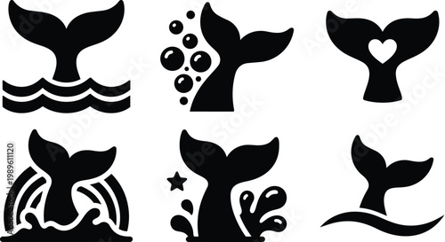 Black and white vector set of whale tail silhouettes in various poses