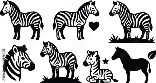 Zebra silhouettes in black and white array of animal icons for decorative design