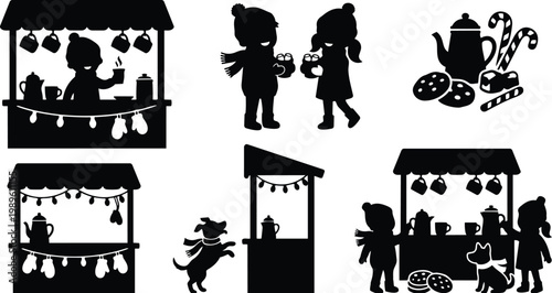 Silhouette street market stalls with cookies and tea pot under festive lights