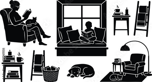 Cozy living room vector scene with readers, pets, furnishings, books, and lamps