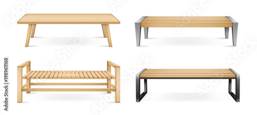 Benches with wood and metal legs. Vector isolated realistic wooden furniture for outdoors, garden or park. Long seat made of wood material, construction for sitting and resting outside