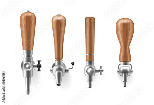 Draft beer taps set in realistic style. Vector isolated stainless steel faucets and vertical different shaped plastic or wooden handles. Breweries, bars and restaurants equipment collection