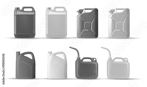 Plastic and metallic fuel cans. Gasoline containers for petrol or diesel storage. Jerrycan set with extended spouts and secure cap closure. Vector industrial utility object for refueling process