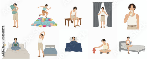 Simple Flat Man Doing Morning Routine Various Poses Illustration Set