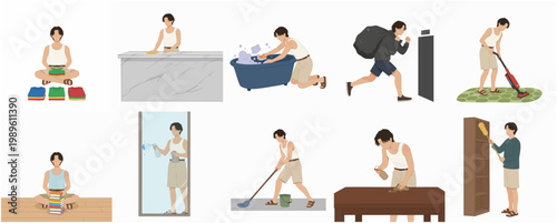 Simple Lineart Character Man Doing Various Household Chores and Activities Illustration