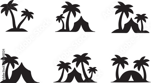 Palm tree and tents icon set, flat black desert oases vector icon design