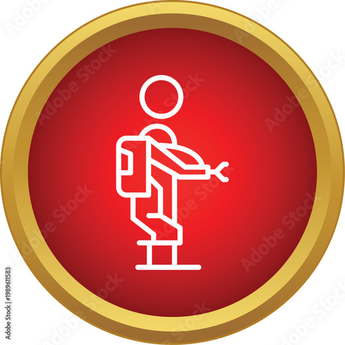 Exoskeleton suit icon on a red button symbolizing future technology and human augmentation