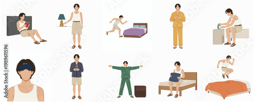 Flat Illustration Character Man Daily Morning Routine Lifestyle Activities Set Collection