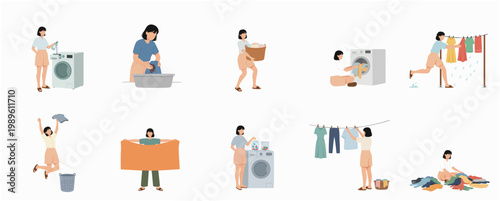 Flat Style Character Illustration Set of Woman Doing Laundry Process and Household Chores Activity Collection