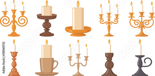 Set of elegant candle holder vector illustrations featuring vintage candelabras and classic wax candles for interior decor holiday celebrations and cozy home atmosphere concepts.